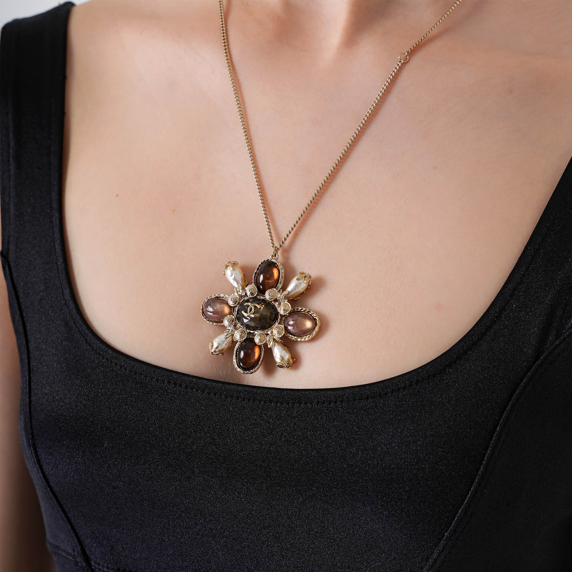 Chanel - Gold Tone Camellia CC Necklace